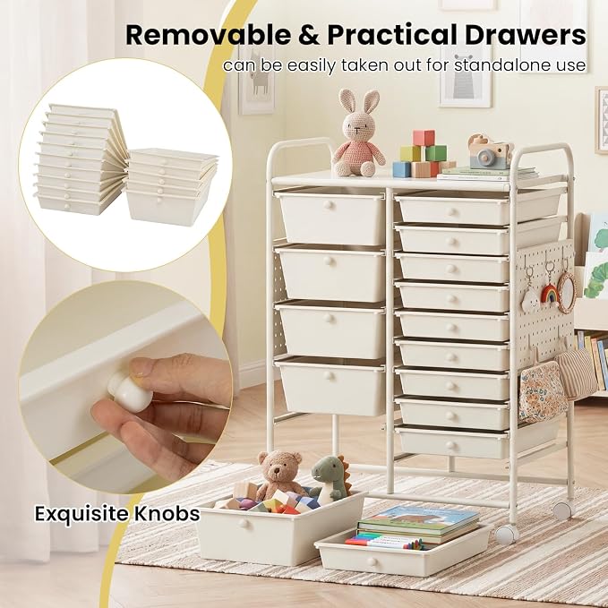 GOFLAME 15-Drawer Rolling Storage Cart with Pegboard, Craft Storage Cart with Lockable Wheels and Metal Frame, Art Cart Supply Storage Organizer for Home Office Classroom, White - Image 7
