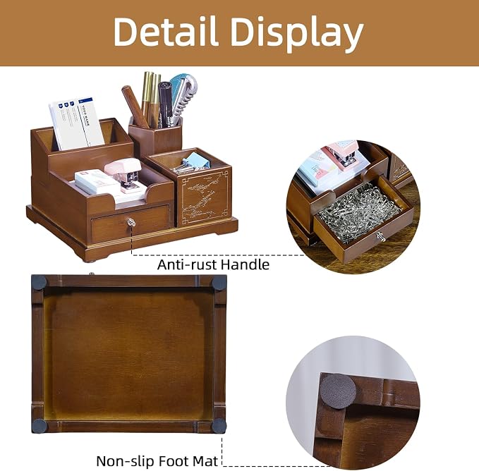 Bamboo Desk Organizer with Drawer, Wood Pen Holder & Card Slot, Brown | Desktop Storage Caddy, Office & Home | Natural Solid Bamboo, No Assembly, Non-Slip Base | Multi-Compartment, Ready to Use - Image 7