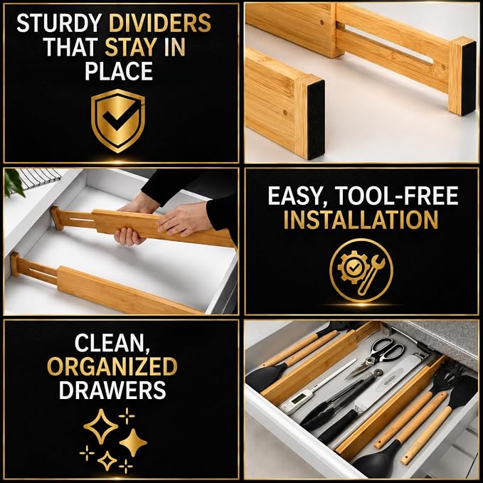 Adjustable Bamboo Drawer Dividers Expandable 8 Pack 17-22 Organizer | Kitchen, Dresser, Closet, Bathroom, Bedroom & Office Storage, Solid Moso Bamboo, Spring-Loaded, 80 Labels - Image 7