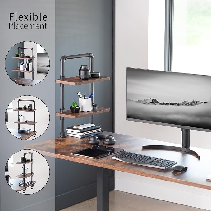 VIVO Clamp-on Premium 16 inch Industrial Pipe 2-Tier Tabletop Shelving, Heavy Duty Desk Extension Organizer, Modern Desktop Display Shelf, Rustic Vintage Brown Shelves, DESK-SHELF16-2N - Image 4