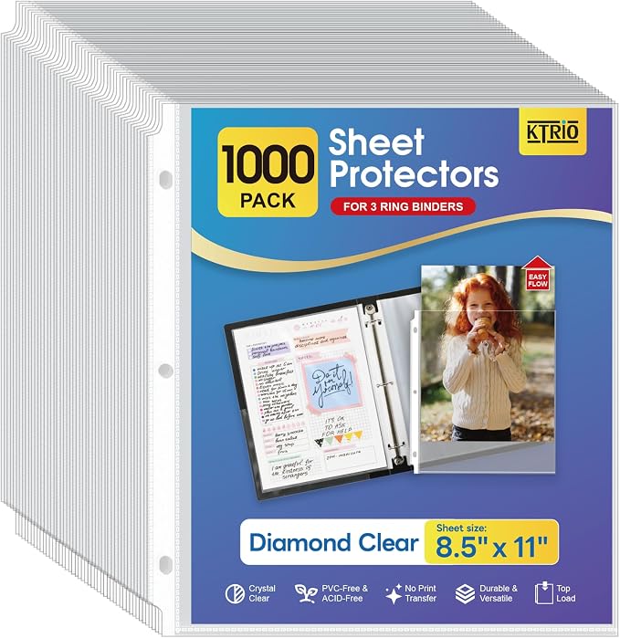 KTRIO Sheet Protectors 8.5x11, Page Protector for 3 Ring Binder, 1000 Pack | Crystal Clear, Top Loading, PVC-Free & Acid-Free Polypropylene, No Print Transfer, Protects Letter Size Documents by KTRIO