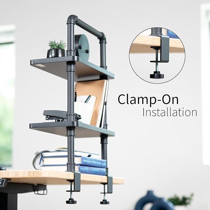 VIVO Clamp-on Premium 16 inch Industrial Pipe 2-Tier Tabletop Shelving, Heavy Duty Desk Extension Organizer, Modern Desktop Display Shelf, Black Shelves, DESK-SHELF16-2B - Image 5
