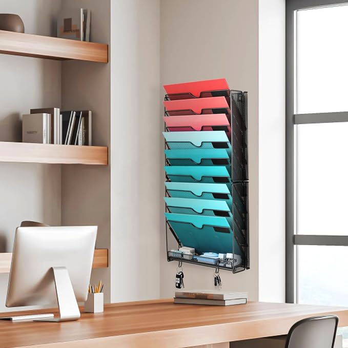 Wall File Organizer, 10 Pockets and 6 Pockets Mesh Hanging File Organizer, Wall Mount File Holder With Hooks, Wall Organizer Magazine Rack for Office Supplies - Image 8