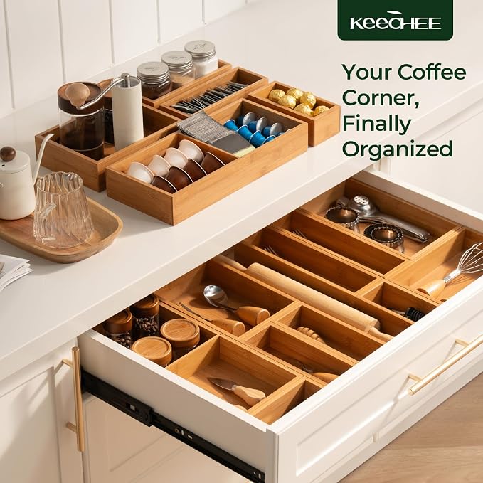 keechee 10-Piece Bamboo Drawer Organizer Set, 2.2" Deep Multi-Use Organizers for Utensils, Silverware, Cutlery, Desk, Bathroom, Junk Drawer & Makeup, Non-Slip Feet Included. - Image 9
