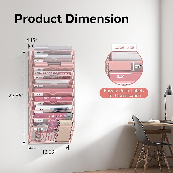10-Tier Wall File Organizer and Hanging File Organizer, Pink | Wall Organizer and Wall Mounted File Holder with 10 Pockets and Label Panels for Files, Mail, Folders, Magazines and Paper - Image 2