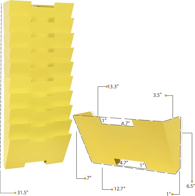 Wallniture Lisbon 10-Tier Metal Wall File Holder Organizer for Organization and Storage, Yellow Office Decor and Magazine Holder - Image 5
