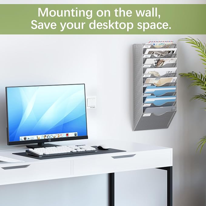 EasyPAG 8 Pocket Mesh Wall File Organizer, Hanging Paper Folder Holder with Classify Label, Vertical Wall Mount Mail Organizer for Office Home Classroom, Silver - Image 2