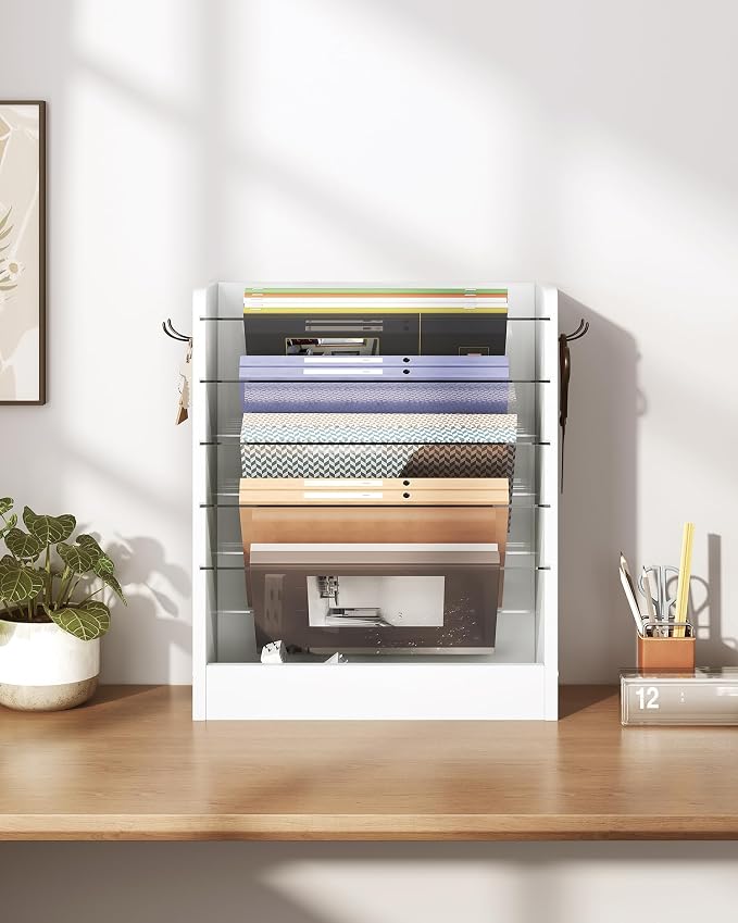 Wall File Holder, 6-Tier File Organizer, Office Supplies Storage Rack, Versatile Desktop Organizer, with Detachable Shelves, with Side Hooks, for Living Room, Study, Home Office, White MWJ02WB - Image 3