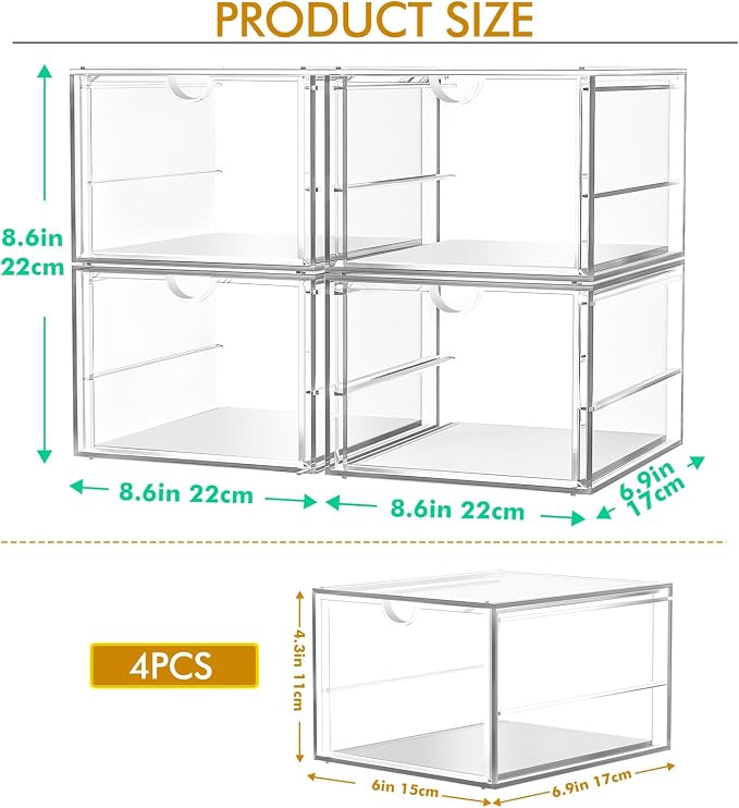 4-Pack 4-Drawer Acrylic Storage Organizer for Desk, Crafts,Vanity | Smooth-glide drawers, clear body, dustproof, wipe clean, for paintbrushes, beads, sequins, googly eyes, embroidery floss - Image 3