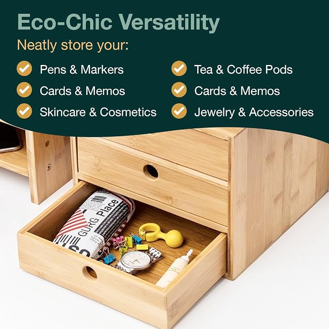 Modular Stackable Set of 3 Bamboo Organizer Desktop Drawers - 1, 2, 3 = 6 Drawers Total Storage Organizer for Desk Accessories, Office Supplies, Makeup Storage - Tabletop Wood Box Stackable Drawers - Image 6