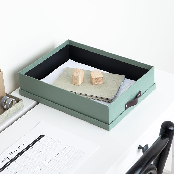 Bigso Oskar Canvas Fiberboard Document Letter Box for Important Paperwork A4 or Letter Size - Durable Keepsake Box with Lid and Leather Handle - 3.3in x 10.2in x 13.8in - Soft Teal - Image 6