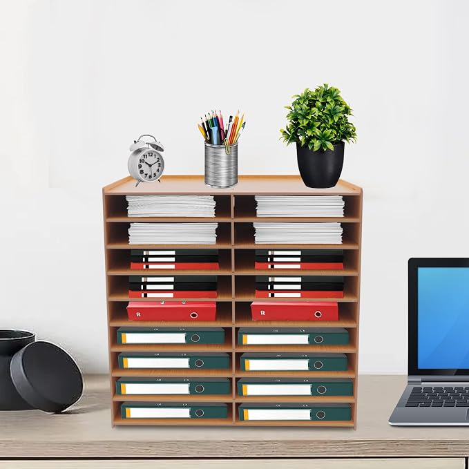 Desktop Organizer, Vertical Desktop Sorter, Literature Organizer Sorter Paper Organizer Storage File Sorter Mail Center Magazine Holder, Classroom Mailbox Paper Storage (18 Compartment-Brown), Blue - Image 2