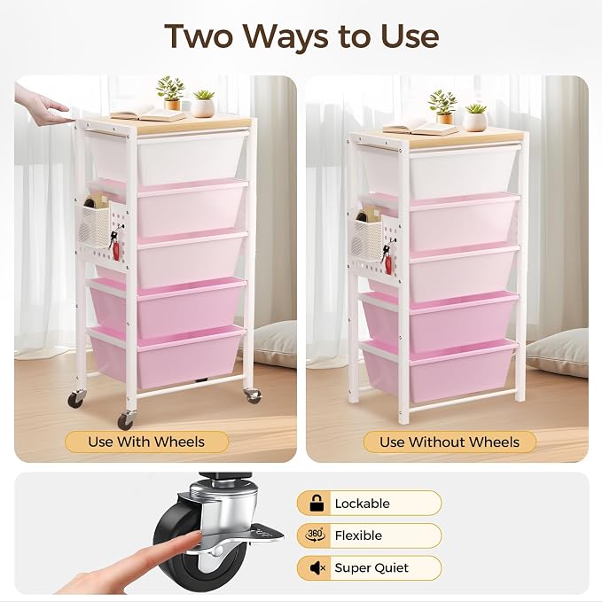 Rolling Cart with 4 Drawers, Plastic Drawer Storage Carts with Wheels & Wooden Tabletop, Metal Utility Cart with Pegboards, Office Living Room Classroom Craft Organization and Storage, Bright Pink - Image 7