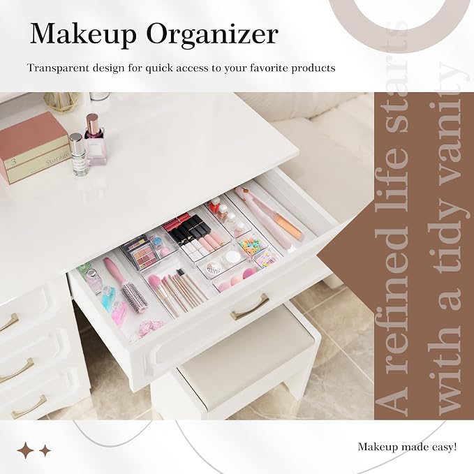 14 PCS Clear Plastic Drawer Organizer Set - 5 Large Size Versatile Kitchen and Bathroom Organizer Trays, Non-Slip Storage Bins for Makeup, Utensils, Tool and Office Desk - Image 5