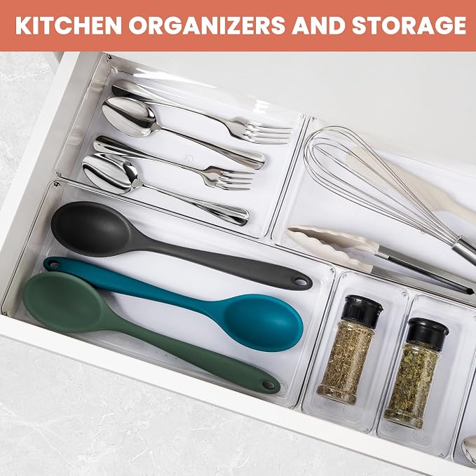 Large Clear Plastic Drawer Organizer 28 Pack - 5 Sizes (XL to small) Acrylic Drawer Organizer Trays for Kitchen Utensils, Gadgets, Bathroom, Vanity and Makeup, Office - Everything Can Be Organized! - Image 4