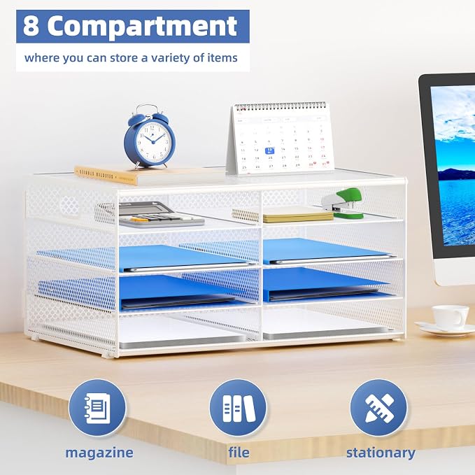 Lavatino 8 Compartments Paper Organizer for Desk, Mesh Literature Organizer, Mail File Sorter Tray with Handle, Desktop Mailbox for Office Classroom Home, White - Image 5