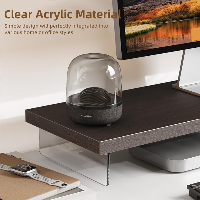 Dual Monitor Stand Riser, 40x10 in Wood & Acrylic Desktop Organizer Shelf | Computer Monitor Stand Riser With Wood & Acrylic Design; Fits 2 Monitors, Laptop, Printer And Desk Supplies For Office Use. - Image 2
