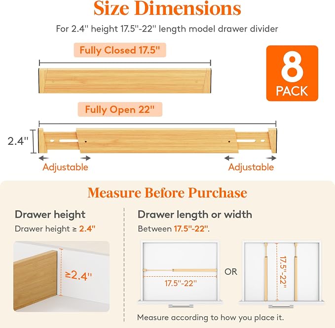 Lifewit 2.4" High 8 Pack Bamboo Drawer Dividers 45-55cm/17.5-22" Adjustable Wooden Drawer Organizer for Clothes/Utensils, Expandable Drawer Separator for Dresser/Kitchen/Bedroom/Office Organization - Image 3