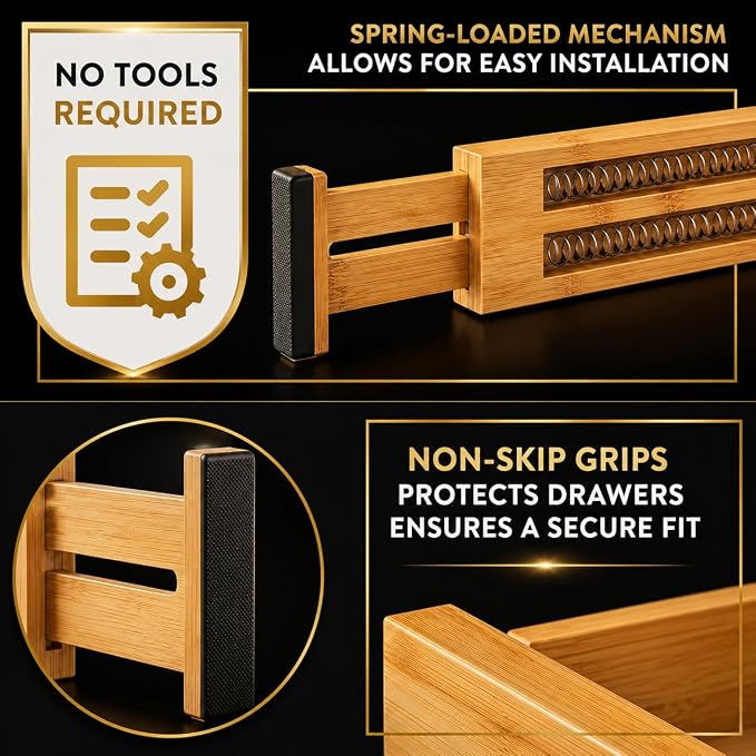 Adjustable Bamboo Drawer Dividers Expandable 8 Pack 17-22 Organizer | Kitchen, Dresser, Closet, Bathroom, Bedroom & Office Storage, Solid Moso Bamboo, Spring-Loaded, 80 Labels - Image 9