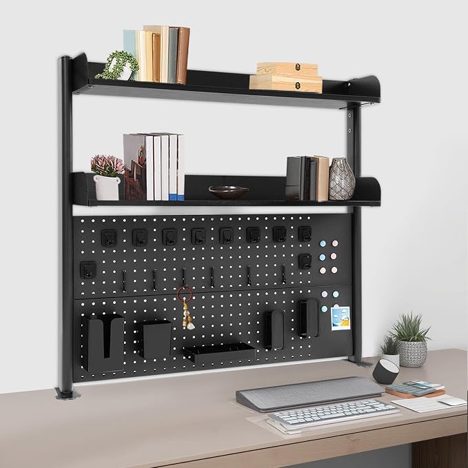 Clamp-On Pegboard Desk Organizer, 2-Tier Clamp On Desk Shelf with Hooks, Office Accessory Organizer for Books, Office Supplies & DIY Storage, 16.5lbs Capacity, 39.37" x 37.4", Black - Image 2