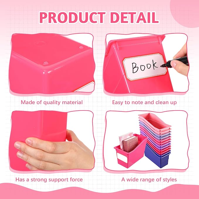 Teling 12 Pcs Book Bins Bulk for Classroom Storage Plastic Magazine Holder with Label Interlocking File Folder Organizer Binder Container Box for School Office Desktop Bookshelf Home (Pink Purple) - Image 2