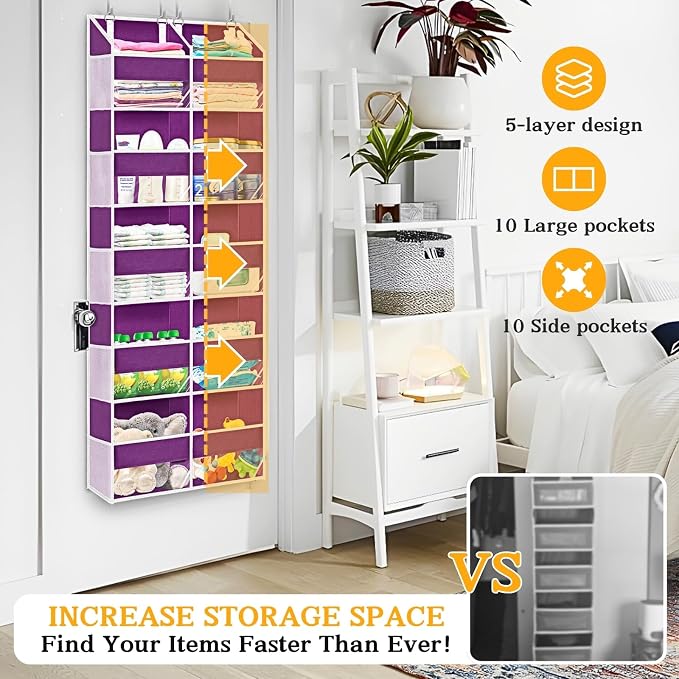 Over The Door Organizer 5 Tiers, Extra Large Behind Door Storage of 10 Compartments, 80 lbs Weight Capacity Hanging Storage Organizer with Clear Window Kids Toys,Shoes,Diapers,Room Storage,Purple - Image 2