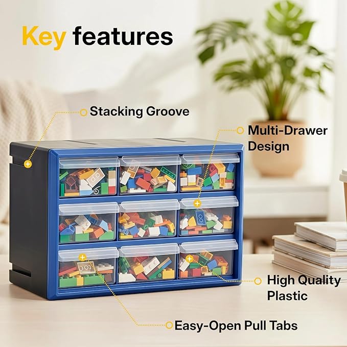 NORTHSKY 9-Bin Small Parts Cabinet, Stackable, Blue, 14.17 × 7.09 × 9.45 in 9 * Blue (9 Drawer & Clear) - Image 4