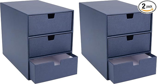 Bigso Box of Sweden Ingrid 3-Drawer Fiberboard Desk Organizer for Office Supplies & Accessories - Stackable Makeup Drawer Organizer - 6.3in x 9.9in x 8.1in - Blue (Pack of 2) by Bigso