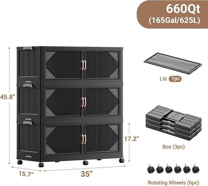 BROVIEW V60 660QT Plastic Stackable Storage Bins with Lid, 3Pack Black | 165Gal Extra Large Closet Organizers Collapsible Cabinets Boxes With Drawer, Foldable Container with 6x Wheels for Home - Image 2