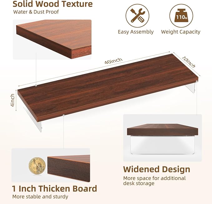 Dual Monitor Stand Riser, 40x10 in Wood & Acrylic Desktop Organizer Shelf | Computer Monitor Stand Riser With Wood & Acrylic Design; Fits 2 Monitors, Laptop, Printer And Desk Supplies For Office Use. - Image 3