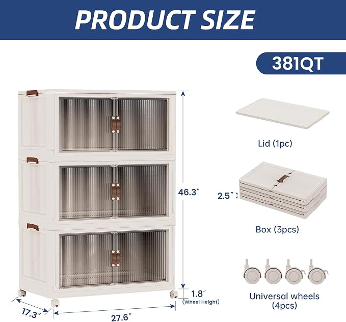 SAILUN 381Qt Extra Large Stackable Storage Bins Folding Collapsible Storage Bins with a Lid, Closet Organizers and Storage Blush White 28" W x 17" D x 46" H | Stackable Storage Drawers with Lids,28" W x 17" D x 46" H,Featuring open-front Access for Clo... - Image 6