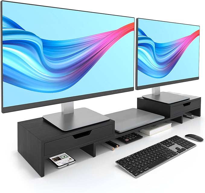 Epesoware Dual Monitor Riser with Two Drawer for Desk, No Assembly Required | Premium Bamboo Dual Monitor Stand with Storage, Desk Monitor Shelf for Computer, IMac & Laptop, Desk Organizer, Black by Epesoware