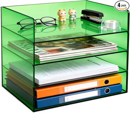 Gelite Acrylic File Organizer for Desk 4 Tiered Stackable Letter Tray Office Paper Storage Desktop Document Sorter, Emerald Green by Gelite