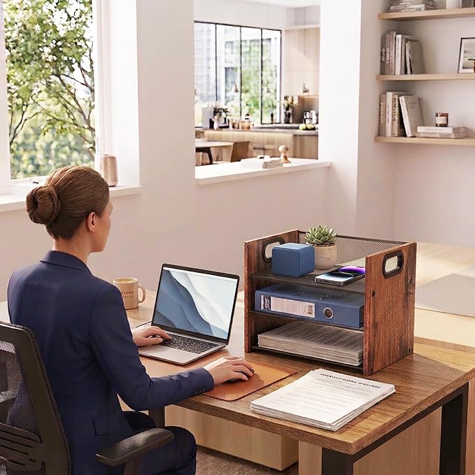 Desk Organizer - 3 Tier Wood & Metal Mesh Desktop Organizer for Office, Home, School, Workspace, Office Desk Organzier for Papers, Mail, Notebooks, Stationery - Image 9