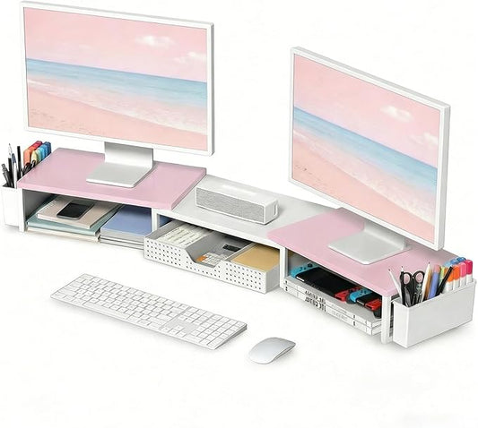Desk Organizers and Accessories, Dual Monitor Stand Riser with Drawer and 2 Pen Holders, Desk Shelf Computer Racks for Office Workspace Organizers, Desktop Organization (Pink-White) by OPNICE