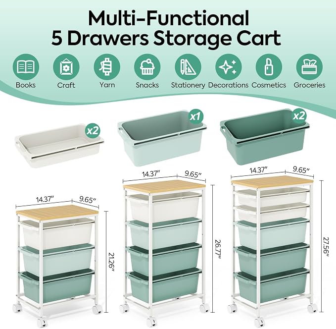 KINGBOARD Slim Rolling Cart with 5 Drawers, Metal Utility Storage Cart | Wooden Tabletop, Lockable Wheels, Table Side Trolley for Bedroom, Children's Room and Office Organization, Green - Image 2