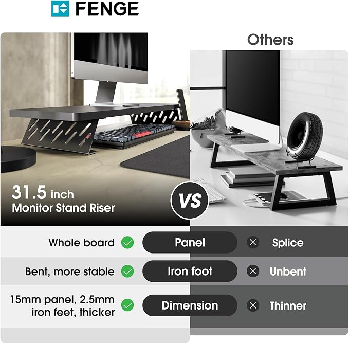 Fenge Monitor Stand Riser, Wooden & Metal Desk Shelf Organizer, Black | 31.5in Computer Stand, Single Monitor Setup, for Compact Work Station, Multifunctional Monitor Shelf for Laptop, PC, Printer - Image 3