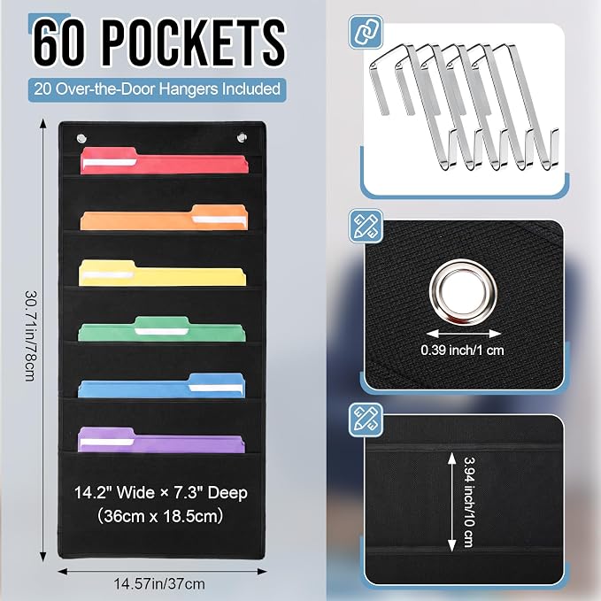 10 Pack Hanging Wall File Organizer, 60 Pockets Storage Pocket Chart, 20 Metal Hangers Included, Versatile Hanging Paper File Folder for Classroom Mailbox Office Home, 30.7 x 14.5 Inch - Image 2