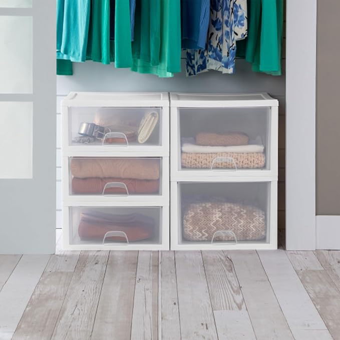Sterilite 27 Qt Stacking Drawer, Clear Plastic Storage Organizer, 4 Pack | White Frame, Stackable Modular Clear Plastic Drawers & Containers for Clothing, Accessories, Craft Supplies, Shoes or Linens - Image 6