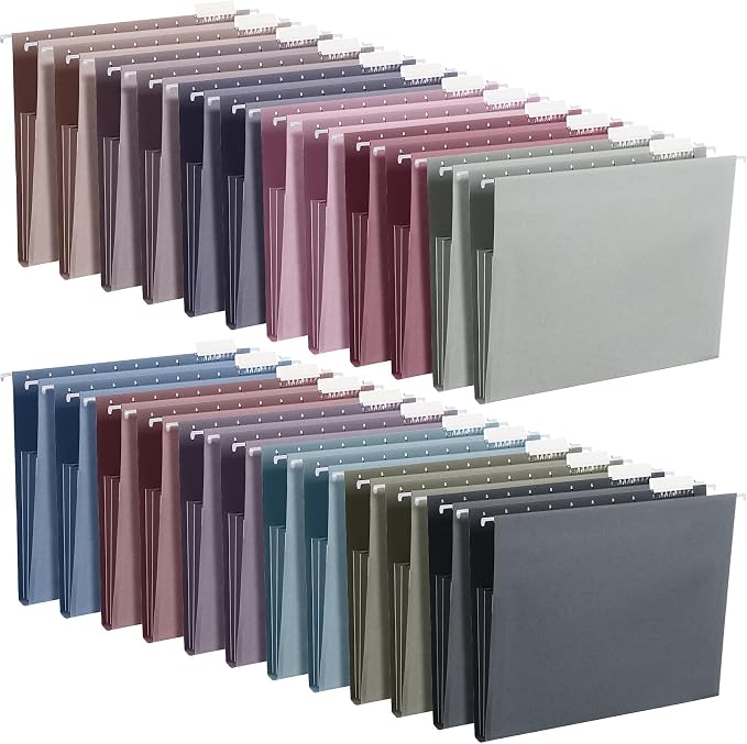 Yaomiao 24 Pack Hanging File Folders, 3 Pleats,Retro Color | Letter Size File Cabinet Folders, with 1/5-cut Adjustable Tabs, Expandable Document Cabinet, Home Desk Office Organization by Yaomiao