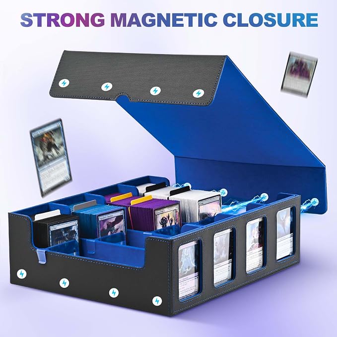 UAONO Trading Card Storage Box with Commander Display, Black Blue | 2400+ Deck Box for MTG with Removable Cover, Top Loaders Card Case Fits Magic TCG PTCG Sports Cards, 24 Dividers, 4 Stoppers - Image 7