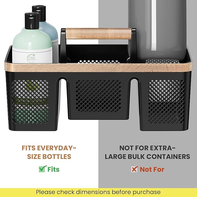 BYUNER Plastic Shower Caddy Dorm: Portable Hard Shower Basket with Handle, 4 Divided Compartments, All-Side Drainage, Bathroom & Cleaning Caddy for College Dorm Room Essentials, Black/wood grain - Image 7