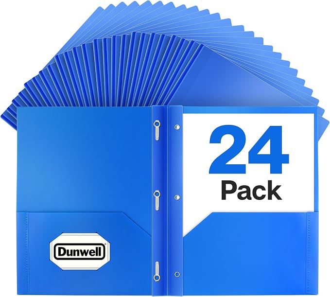 Dunwell Plastic Folders with 3 Prongs, (24 Pack, Blue), 2-Pocket Folders with Fasteners, Durable Acid-Free Poly for Long Term Use, Labels Included by Dunwell