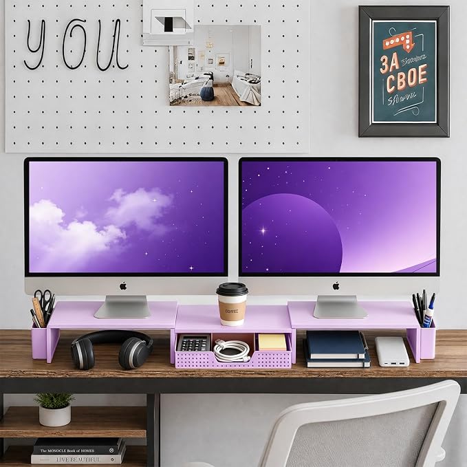 LEKETREE Dual Monitor Stand Riser with Drawer, Desk Organizer and Accessories, Monitor Stand for Desk, Desktop Stand for Computer, Laptop, TV and More (Purple) - Image 3