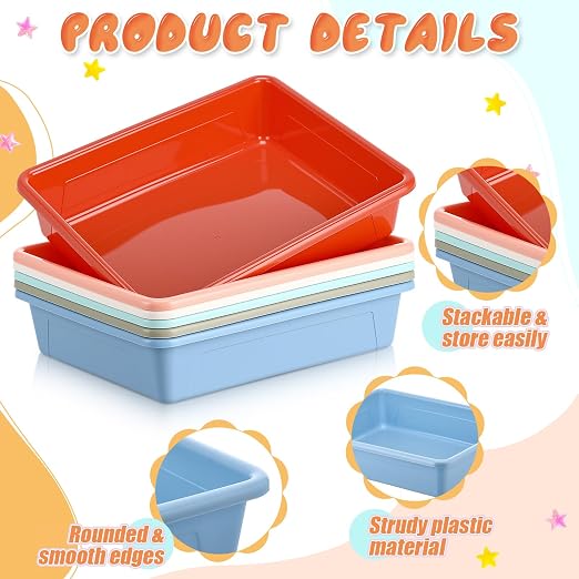 Affrolling 12 Pack Letter Size Flat Storage Tray, Stackable Plastic Organizer Bins for Classroom, Turn in Paper Tray Art Supply Baskets for Home School Office Teacher Desk Organization (Light Colors) - Image 3