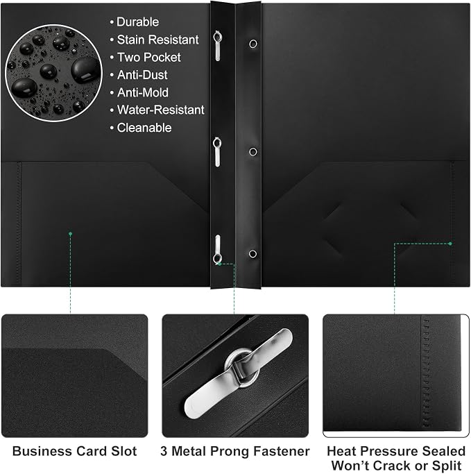 Cholemy 72 Packs Pocket Folders with Prongs Heavy Duty Plastic Folder with Business Card Slot 3 Prong Fasteners for School Office (Black,Green) - Image 3
