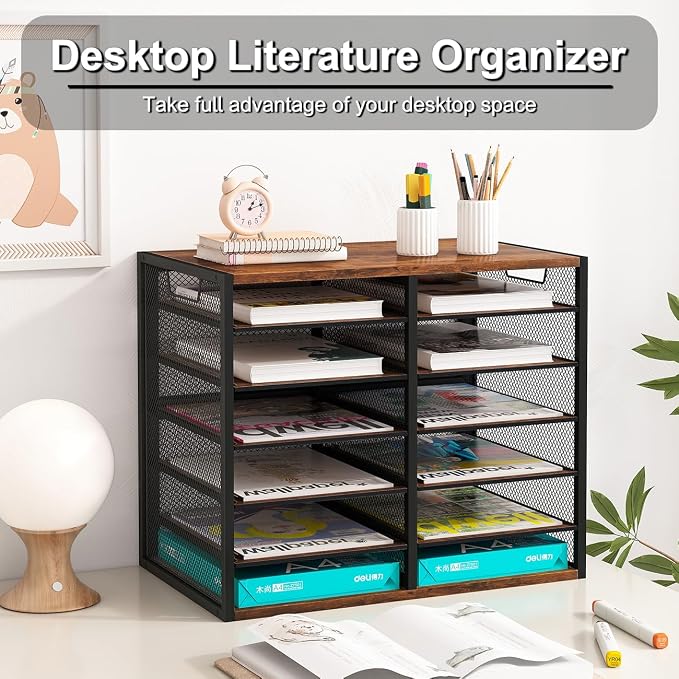 PAG Mass Mail Sorter - Adjustable Mail Holder, Countertop Literature Organizer, Student Mailbox for Classroom, Desktop Bill Paper Organizer for Office Home School, 12 Compartments, Brown - Image 4