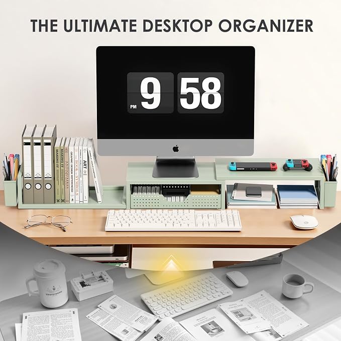 Desk Organizers and Accessories, Dual Monitor Stand Riser with Drawer and 2 Pen Holders, Desk Shelf Computer Monitor Stand for Office Workspace Organizers, Desktop Organization (Sage Green) - Image 6