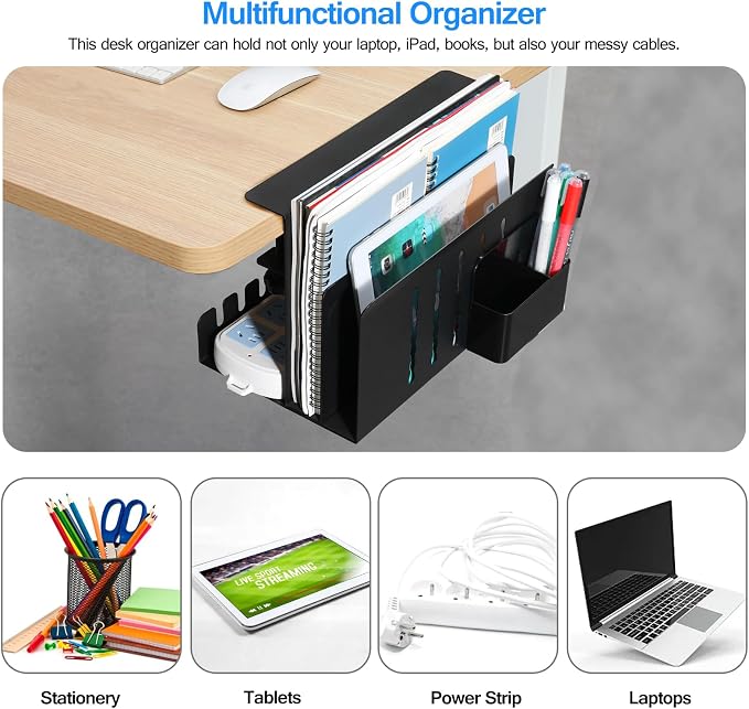 MAXECHO Desk Side Storage, Under Desk Laptop Mount, Table Side Hanging File Organizer, No Drill Clamp On Cable Management Tray, Laptop Holder with Magnetic Pen Holder for Office and Home, Load 22 Lbs - Image 3