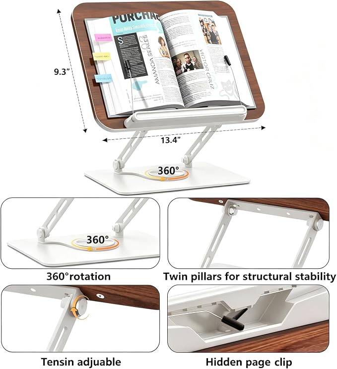 2-in-1 Adjustable Floor & Desktop Music Book Stand, White | Detachable Reading Holder, Height 36"-62", 360° Rotating, For Music, Laptop, Cookbook - Image 2